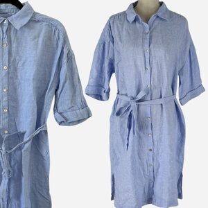 Tahari Blue Linen Shirt Dress Tie Waist Button Down Small NWOT